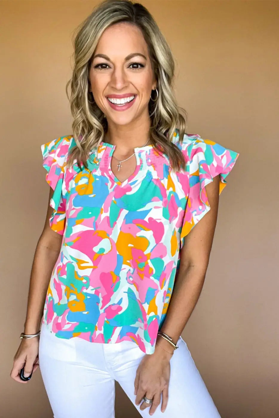Multi Colour Flutter Sleeve Blouse Abstract Print Women UK