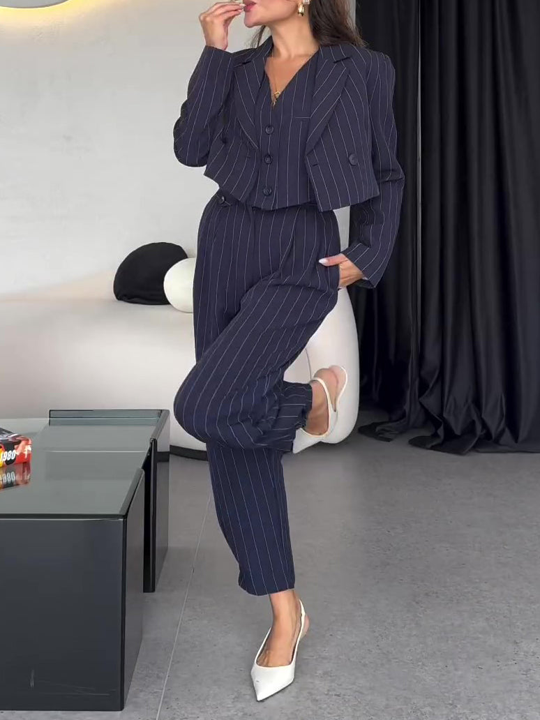 Striped Vest & Short Blazer & High-waisted Pants Three-piece Set