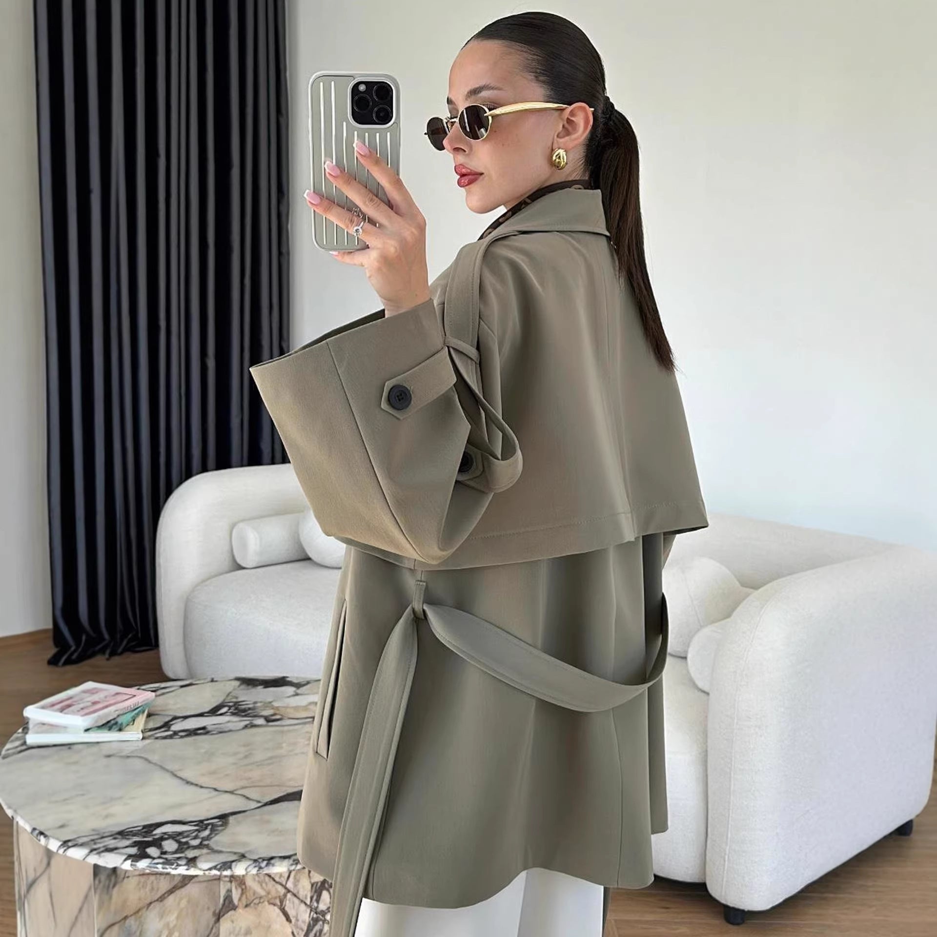 Turn-down Collar Fitted Waist Figure-flattering Elegant Single-breasted Trench Coat