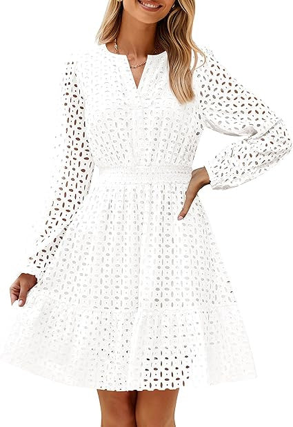 V-neck Hollow Eyelet Embroidered Cotton Long Sleeve Dress
