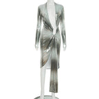 Casual Elegant Printed Deep V Long Sleeve Streamer Pleated Length Dress