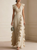 Solid Color Pleated Short Sleeves V-neck Dress