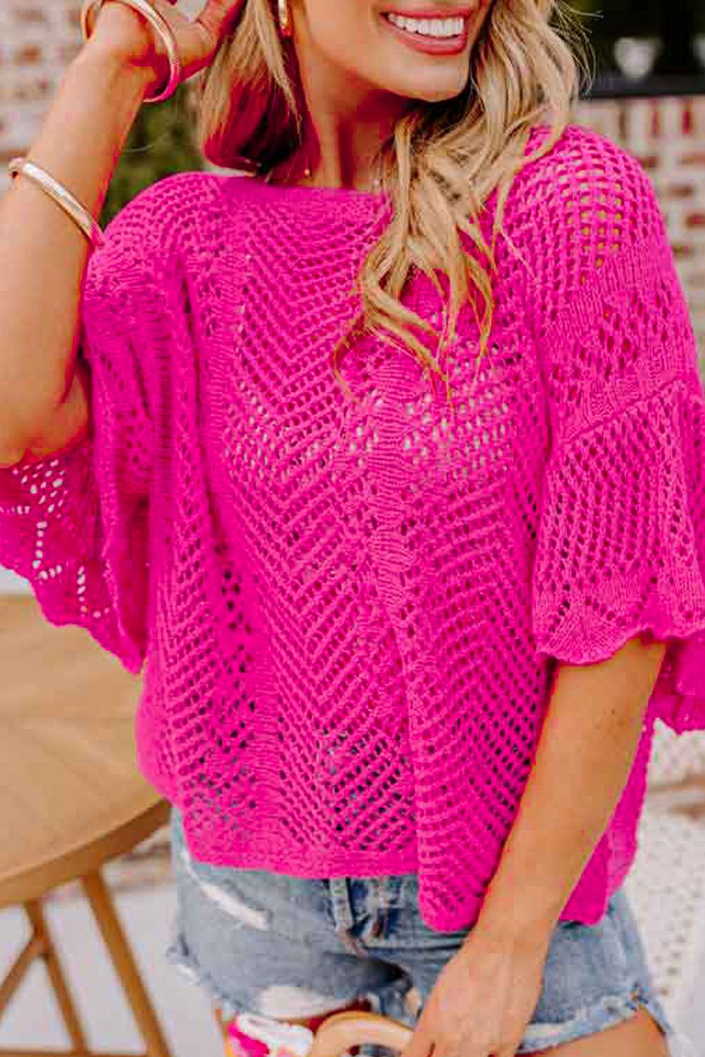 Green Pointelle Knit Scallop Trim Blouse Women UK