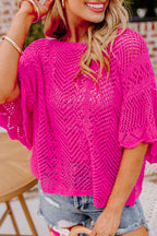 Green Pointelle Knit Scallop Trim Blouse Women UK