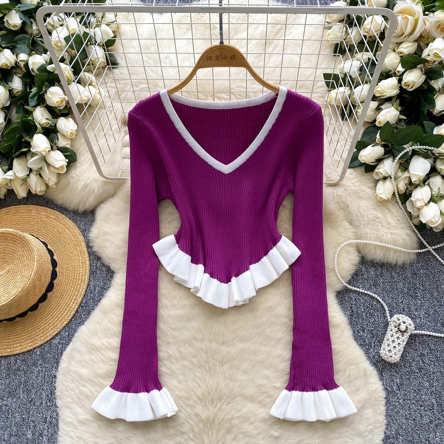 Contrast-color Ruffled Striped Knit Sweater