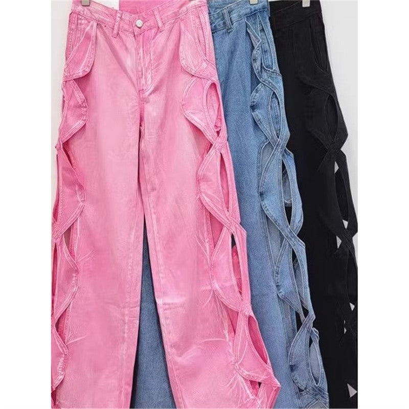 SpringSummer Side-Stranded Braid Ripped Casual Straight-Leg Wide-Leg Denim Jeans