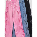 SpringSummer Side-Stranded Braid Ripped Casual Straight-Leg Wide-Leg Denim Jeans