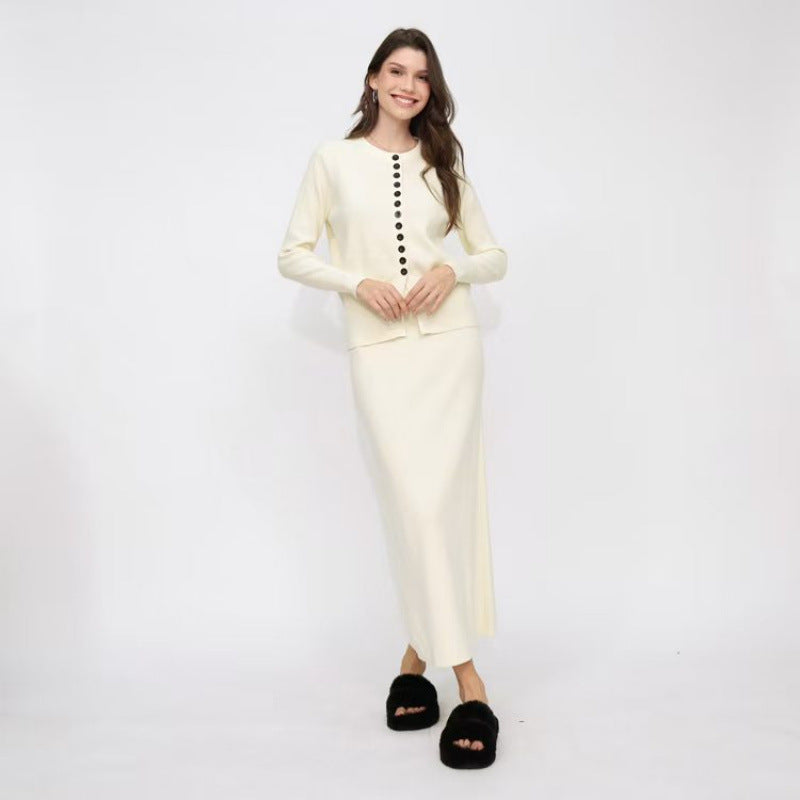 Women's Solid-color Casual Cardigan And Skirt Setsoft And Gentle All-in-one Outfit