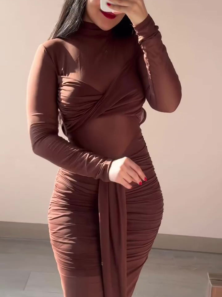 Brown Mesh Long Sleeve Pleated Dress