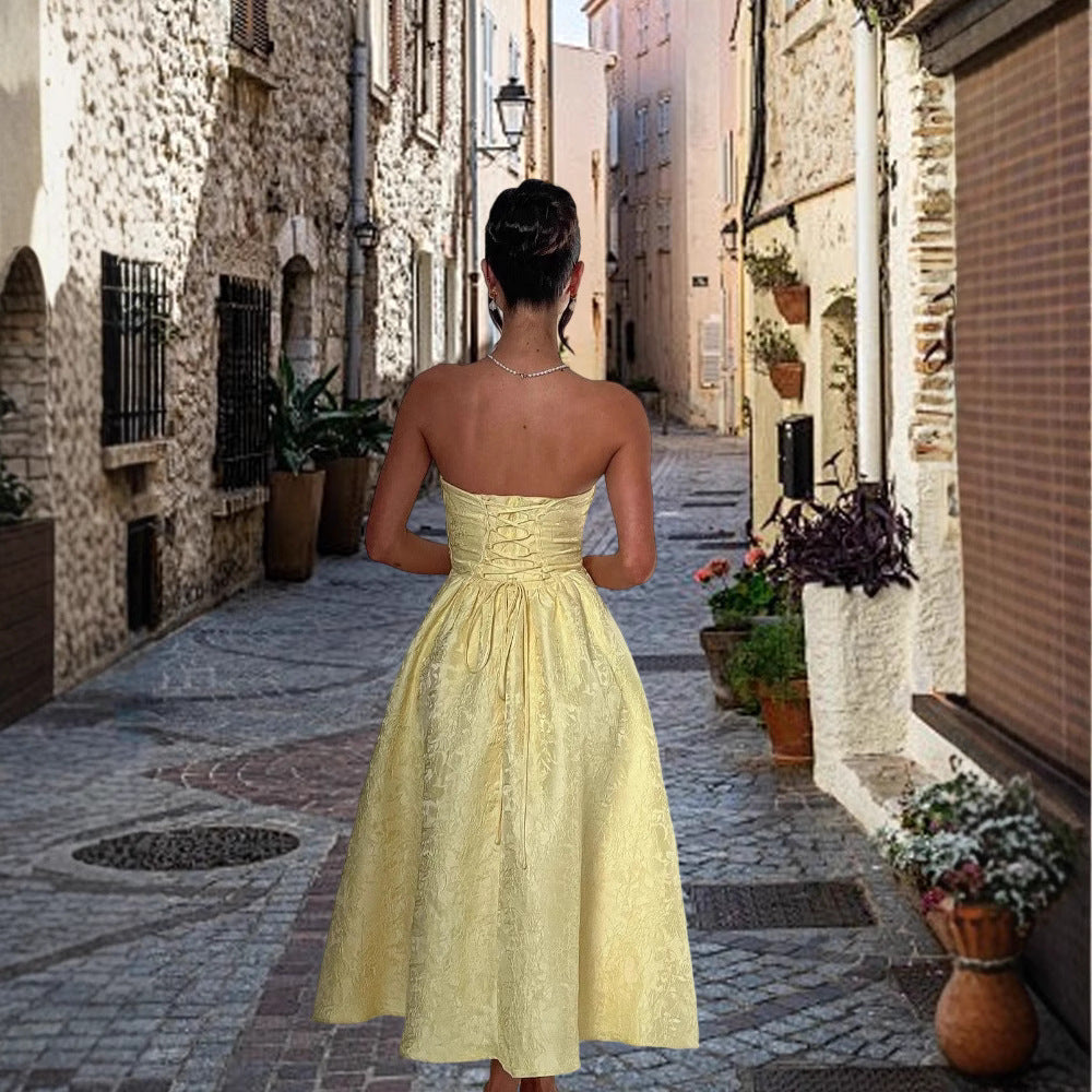 Womens Solid-Color Jacquard Satin Tube Dress