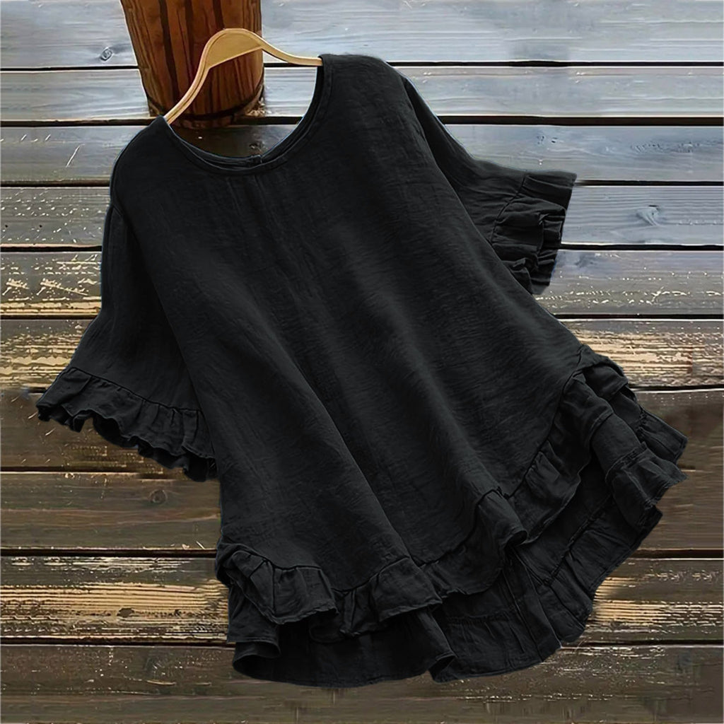 Arrival Solid-color Cotton-linen Loose-fit Round-neck Blouse With Ruffled Hem