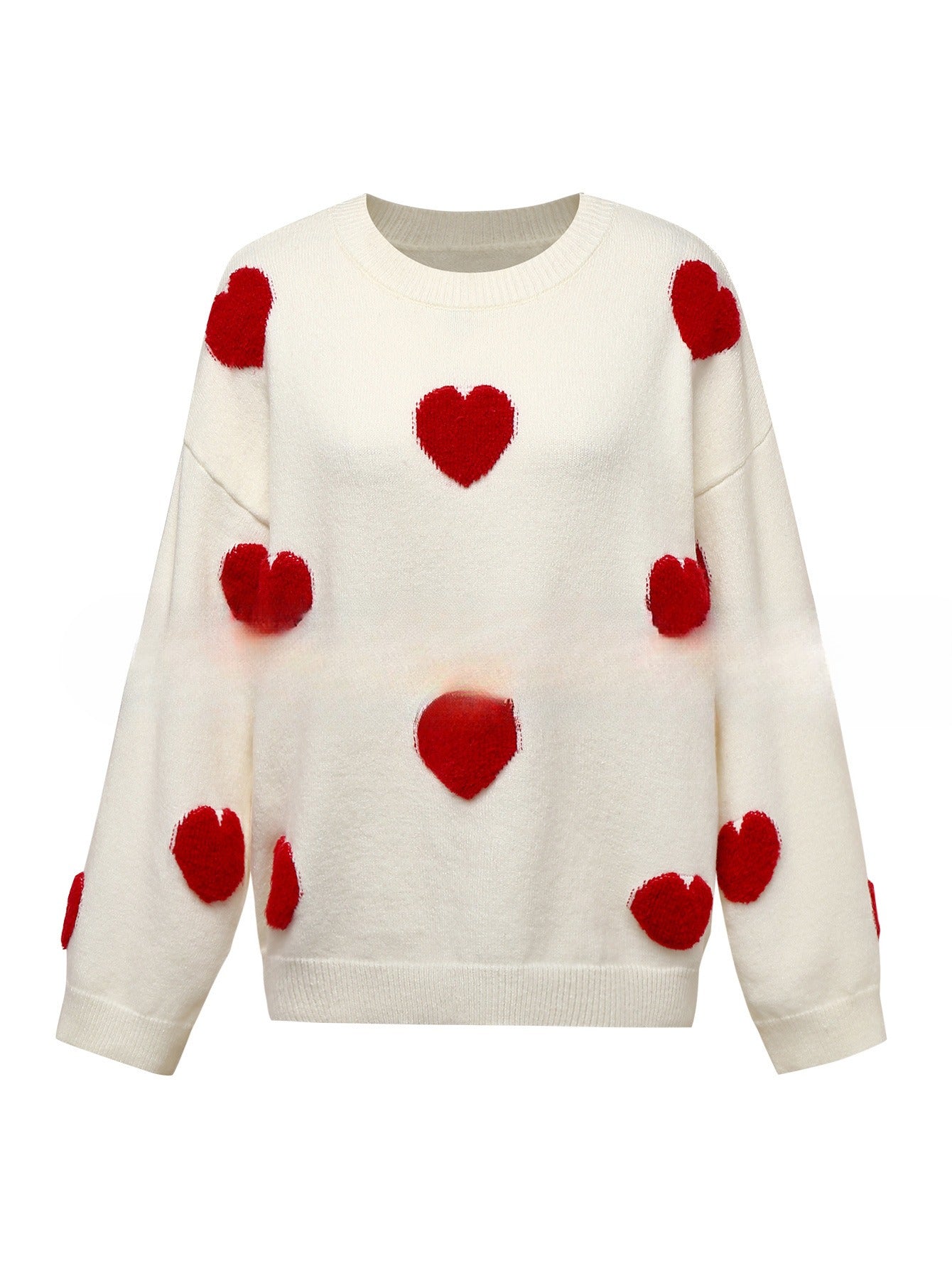 Women's 3D Jacquard Heart Pullover Sweater With Long Sleeves And Light Stretch