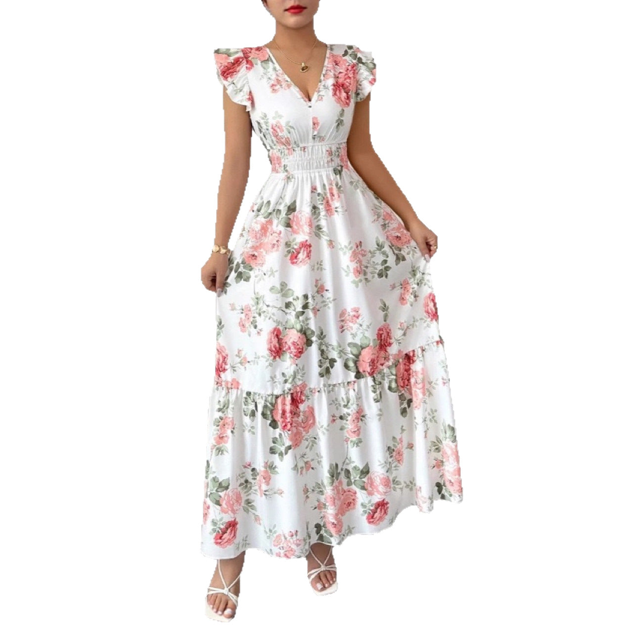 Women's Fashionable Elegant And Sophisticated Printed Dress With Ruffled Sleeves