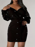 Beaded Bodycon Dress Casual Long-sleeve Solid-color Off-shoulder Dress Women's Apparel