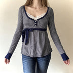 Lace-trimmed Faux Two-piece Striped High-waist Long-sleeve Versatile Top