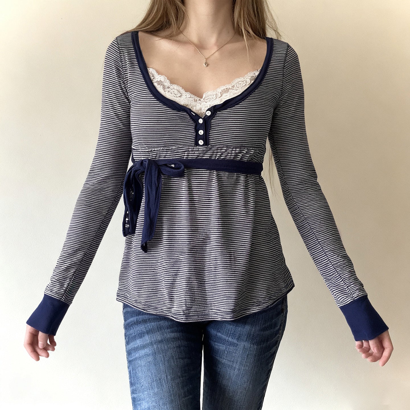 Lace-trimmed Faux Two-piece Striped High-waist Long-sleeve Versatile Top