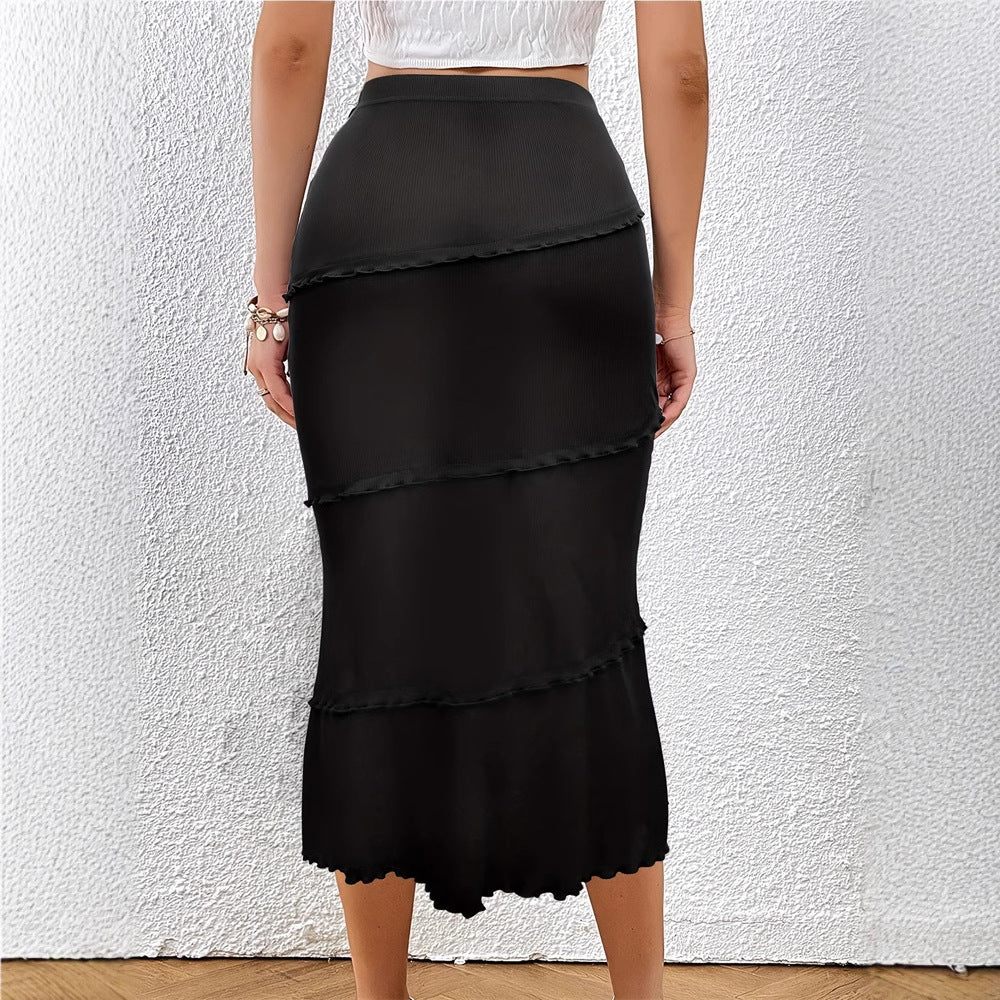 Womens Solid-Color Multi-Layer Patchwork Ruffle-Trim Knitted Fishtail Skirt