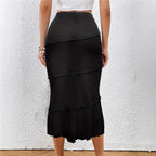 Womens Solid-Color Multi-Layer Patchwork Ruffle-Trim Knitted Fishtail Skirt