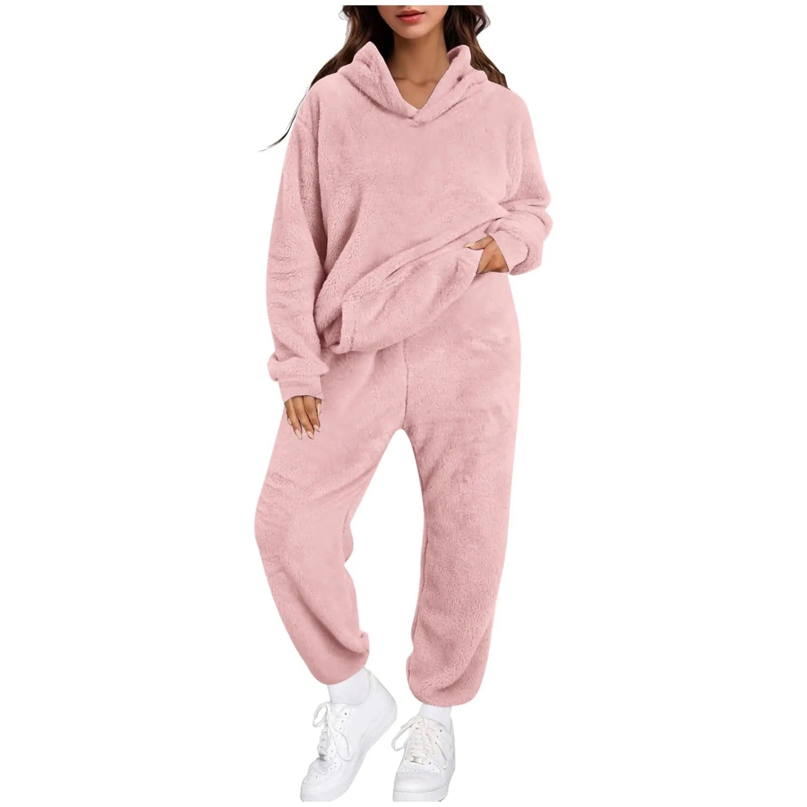 Women's Casual Solid-Color Fleece Hooded Long-Sleeve Top And Pants Set