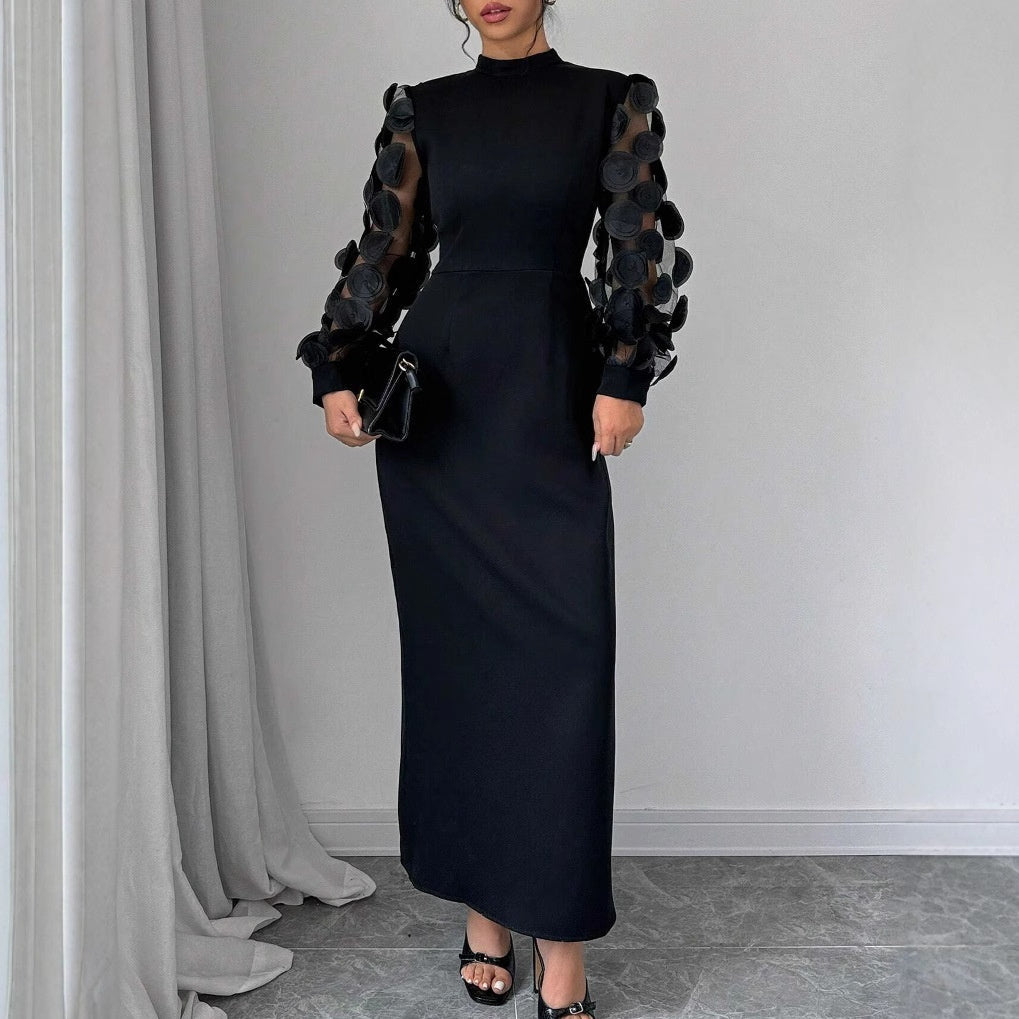 New Arrival Elegant Lace-spliced Dress With A Stand-up Collar