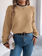 Women Casual Color Block Cable Knit Long Sleeve Pullover Sweater