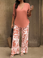 Women's Casual V-Neck Long-Sleeve Pants Set With Digital Print