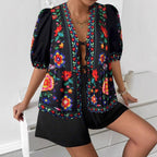 Women's Floral-print Cardigan With Tie-front Short-sleeve Top And Shorts Set