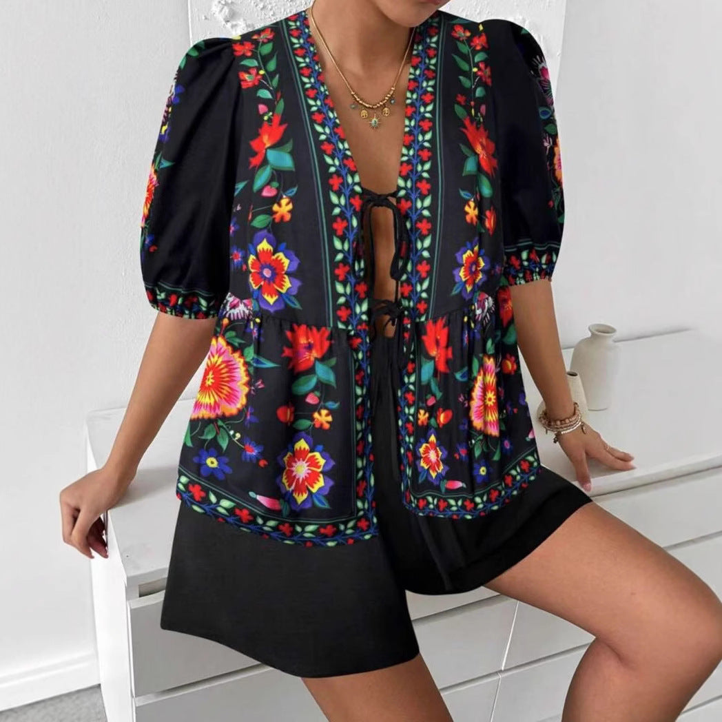 Women's Floral-print Cardigan With Tie-front Short-sleeve Top And Shorts Set