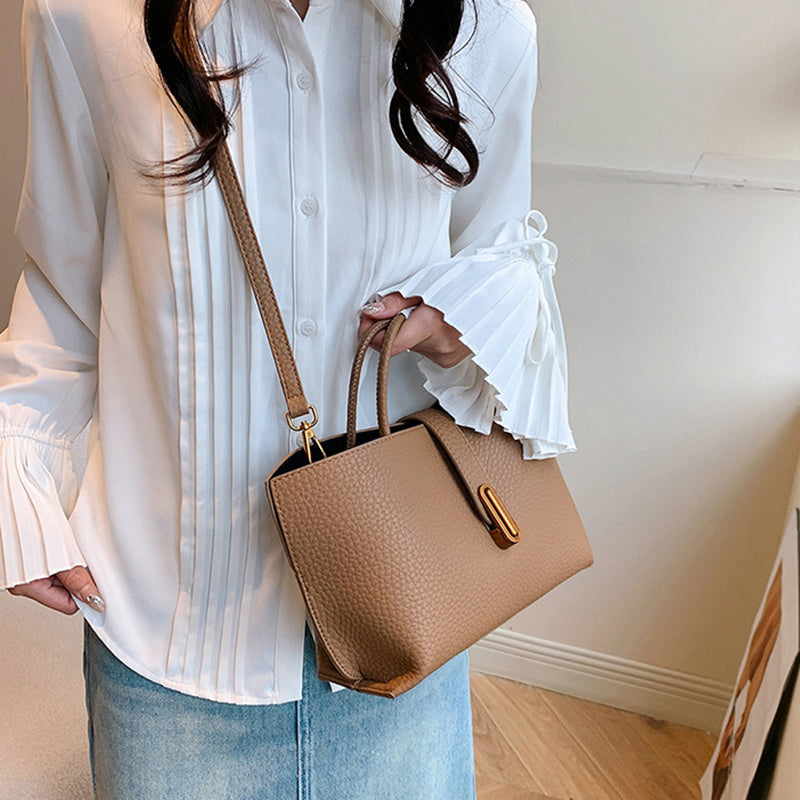 INS Litchi Pattern Shoulder Bag Fashion Zipper Bucket Bag High Capacity Totes Handbag For Women