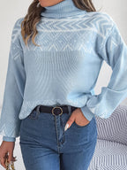 Women Ethnic Style Vintage Jacquard Lantern Sleeve Turtleneck Sweater