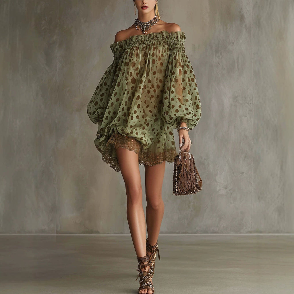 Womens Off-shoulder Printed Chiffon Dress With Puff Sleeves