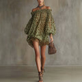 Womens Off-shoulder Printed Chiffon Dress With Puff Sleeves