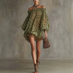 Womens Off-shoulder Printed Chiffon Dress With Puff Sleeves