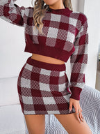 Women Casual Color Block Plaid Long Sleeve Cropped Sweater & Skirt Set