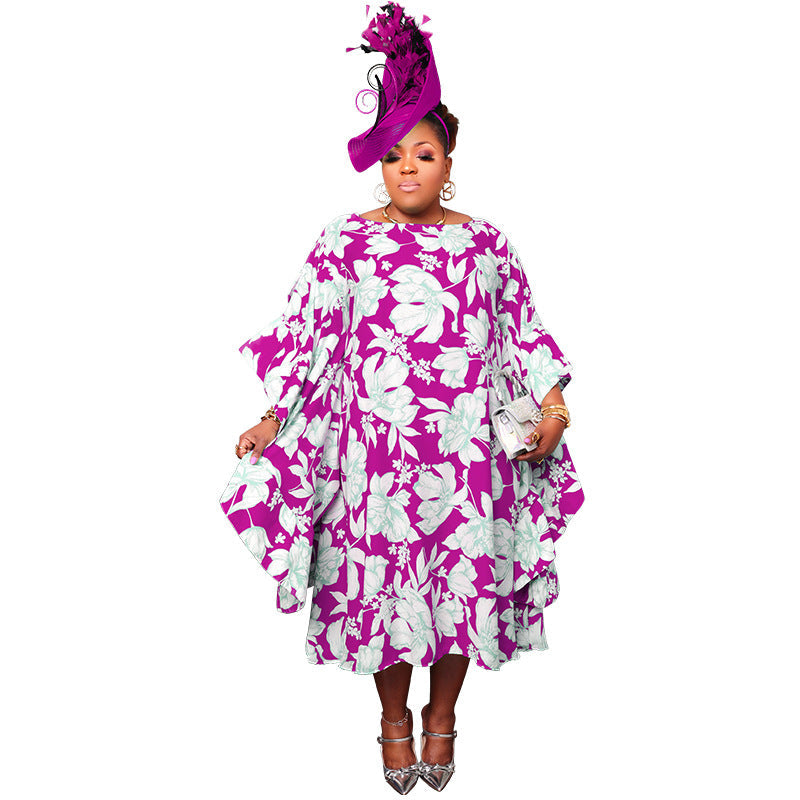 Women's Multi-color Split Skirt With Kimono Sleeves Plus-size Dress