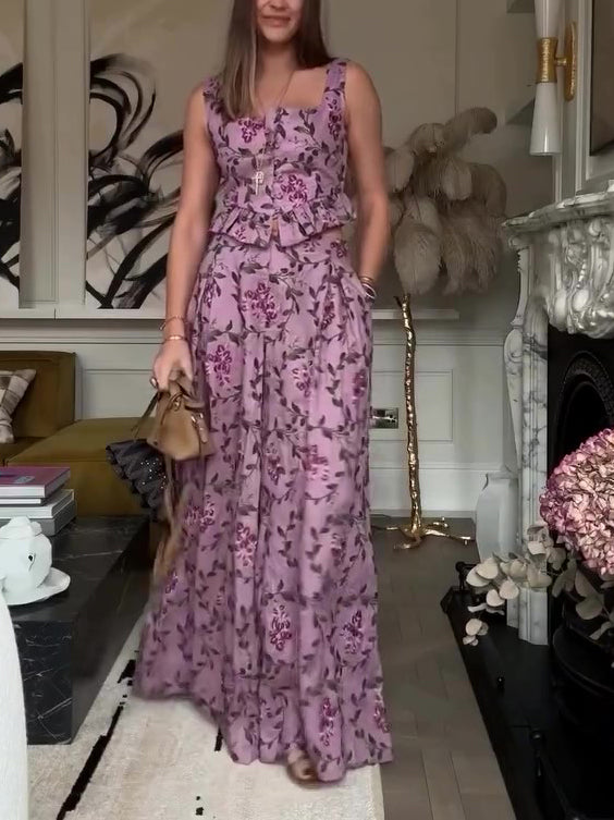 Holiday Floral Print Suspenders & Wide Leg Pants Set