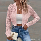 Women's Solid-Color Fashionable Short Lace Jacket With Zipper