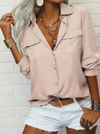 Women's Elegant Solid Chiffon Blouse Spring Summer Casual Long Sleeve V Neck Loose Shirt Office Lady Tunics Tops