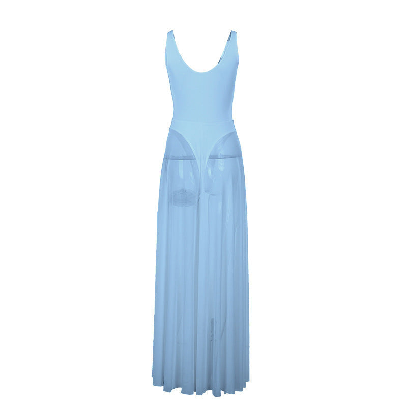 Women's Solid-Color Elegant Resort Bodycon Mesh A-Line Dress
