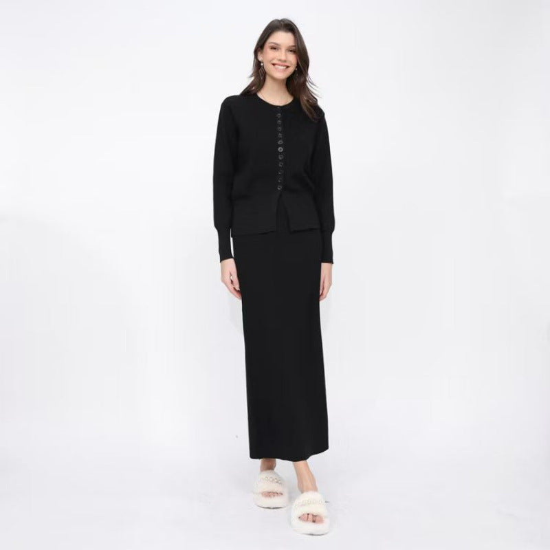 Women's Solid-color Casual Cardigan And Skirt Setsoft And Gentle All-in-one Outfit