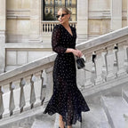 Elegant Mid-Length V-Neck Polka-Dot Waist-Cinched Dress
