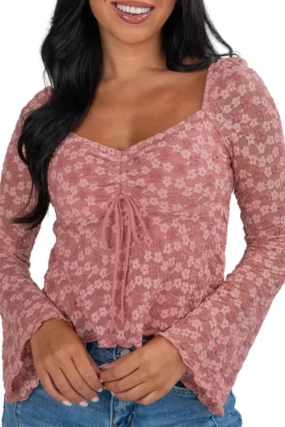 Pink Floral Lace Bell Sleeve Square Neck Blouse Women UK