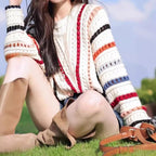 Retro Chic Rainbow Striped Hollow Sweater Round Neck Sweater