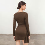 Designer-style Pleated Slim-fit Dress For Women Autumnwinter Deep Brown V-neck Long-sleeve Sheath Skirt With A Slit