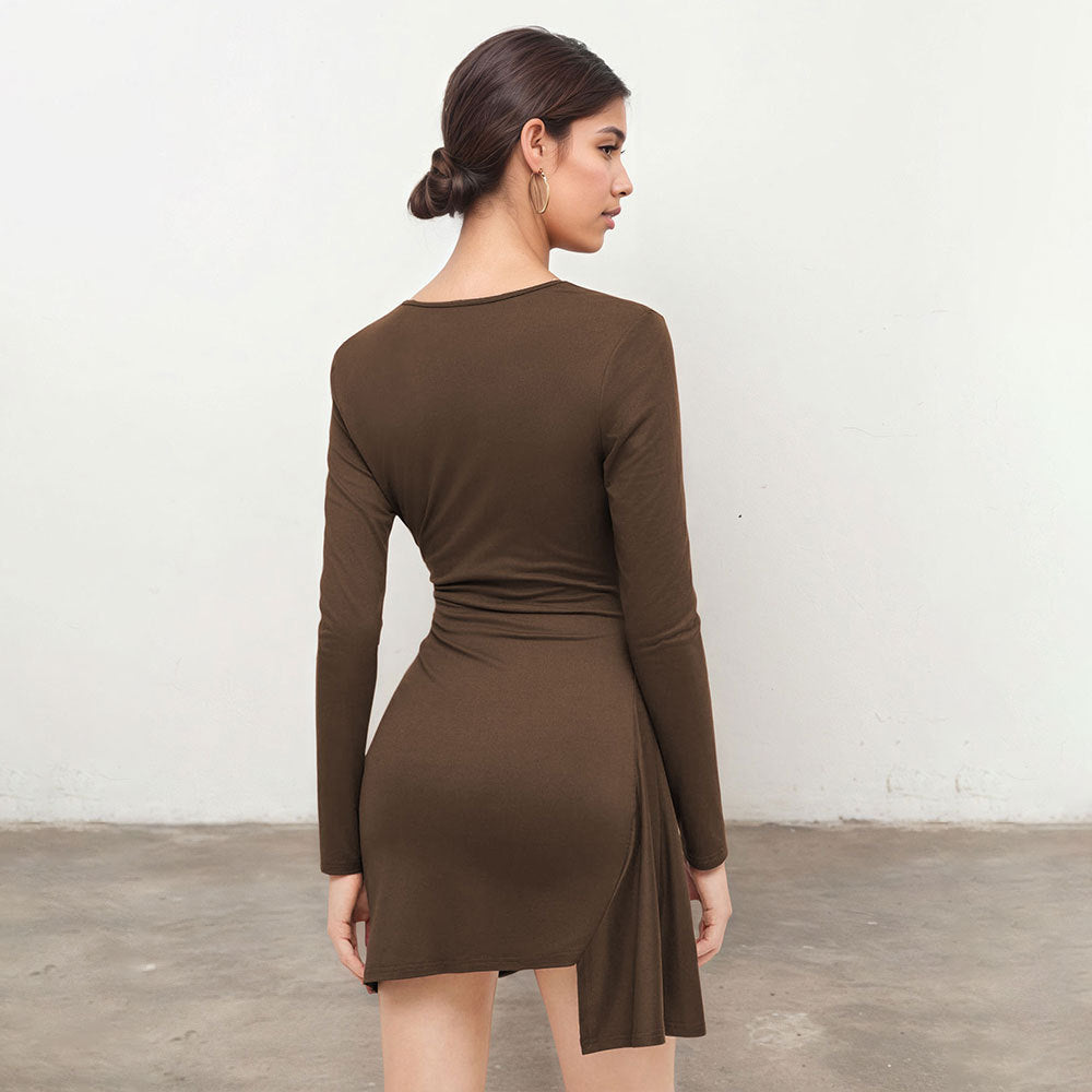 Designer-style Pleated Slim-fit Dress For Women Autumnwinter Deep Brown V-neck Long-sleeve Sheath Skirt With A Slit