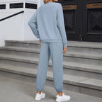 New Solid Color Knitting Belt Pocket Long Sleeve Top And Trousers Two Pieces