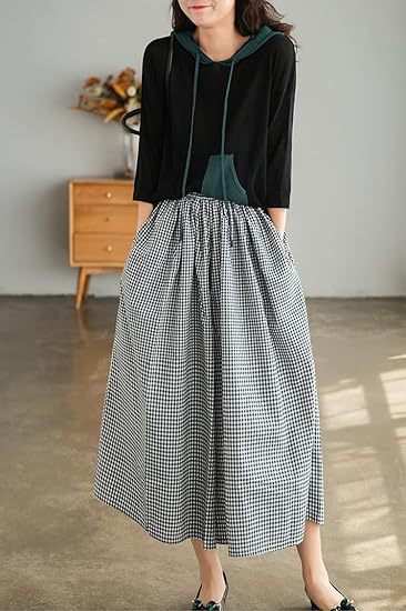 High-waisted Cotton-linen Plaid Wide-leg Pantskirt Loose-fitting Casual Trousers Elegant Style