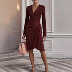 V Neck Folds  Solid Color Slim-fit Long Sleeve V-pleated Design Dress  Women's Office Commuter A-line Midi Party Dresses Female Clothing