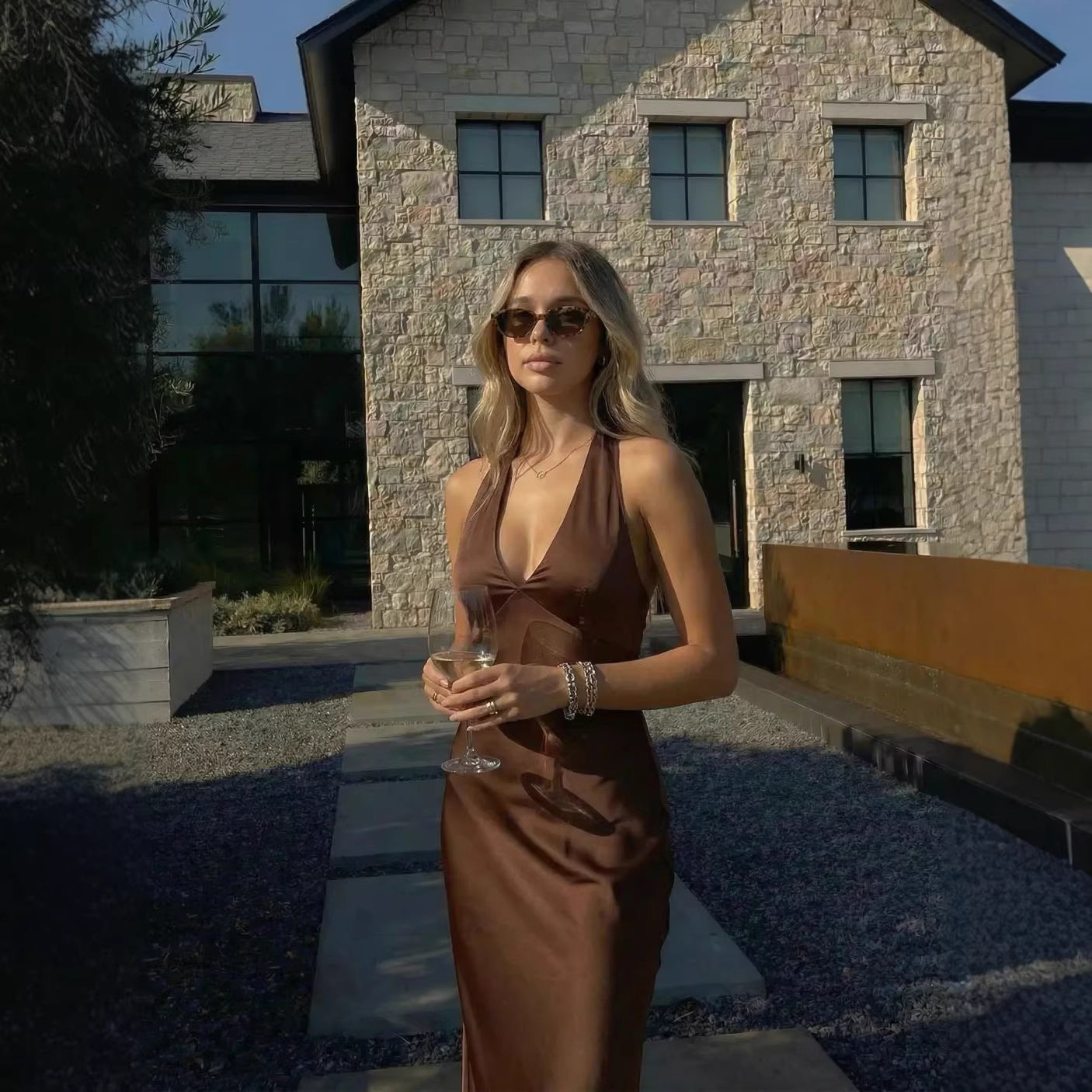 Satin V-neck Backless Bow-tied Mermaid Long Dress