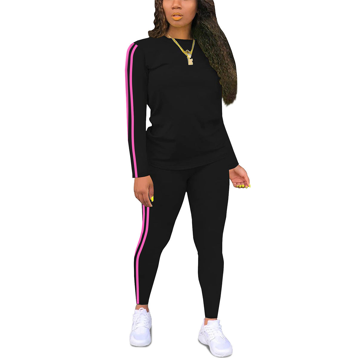 Women's Round-neck Long-sleeve Top And Pants Two-piece Set